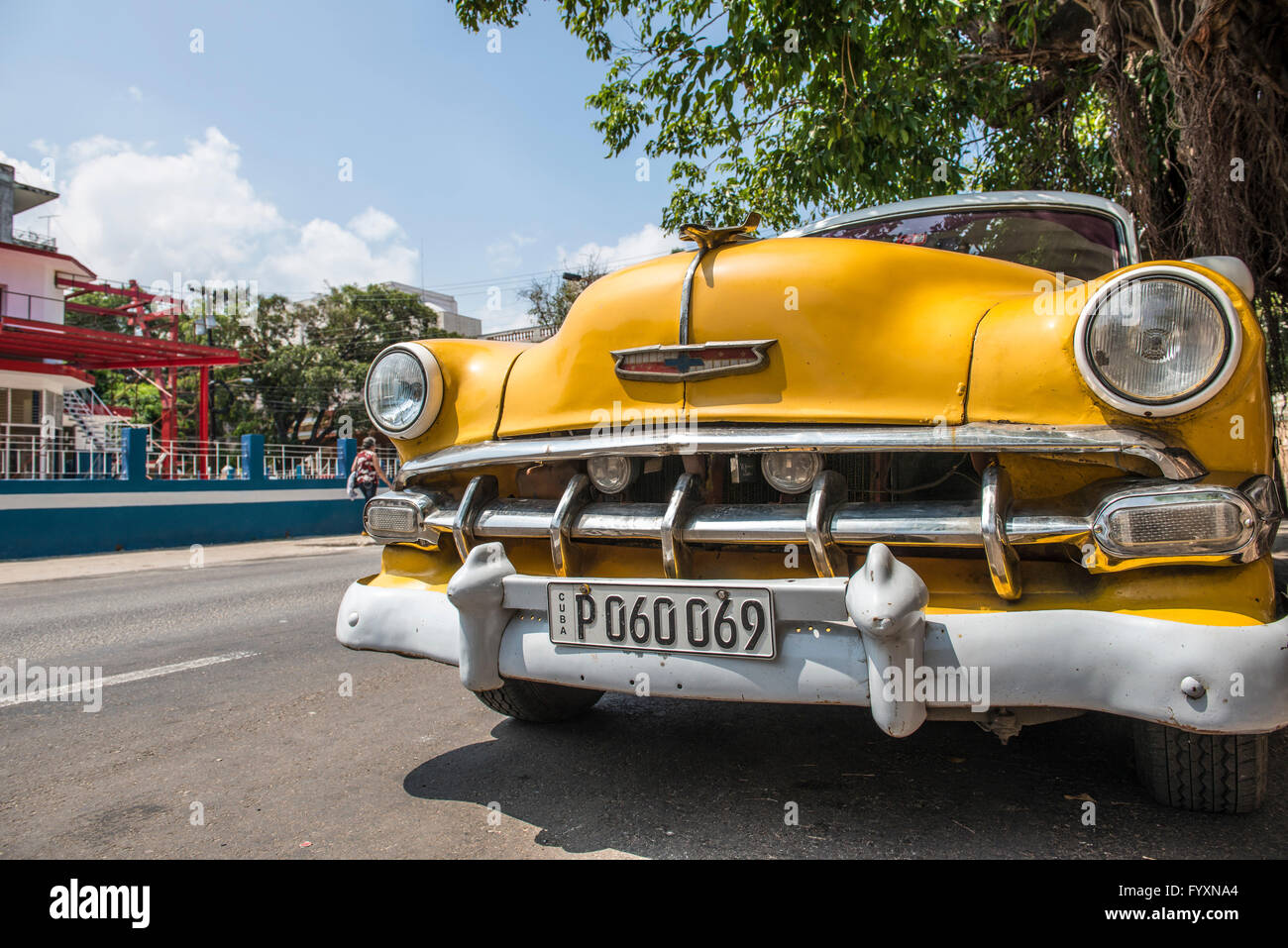 Un giallo brillante 1954 Chevy Bel Air parcheggiato sotto un albero a L'Avana, La Habana, Cuba Foto Stock