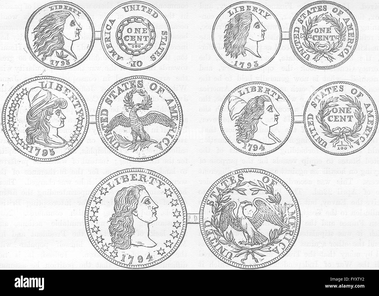 USA: Monete hit, noi, 1793-5, antica stampa c1880 Foto Stock