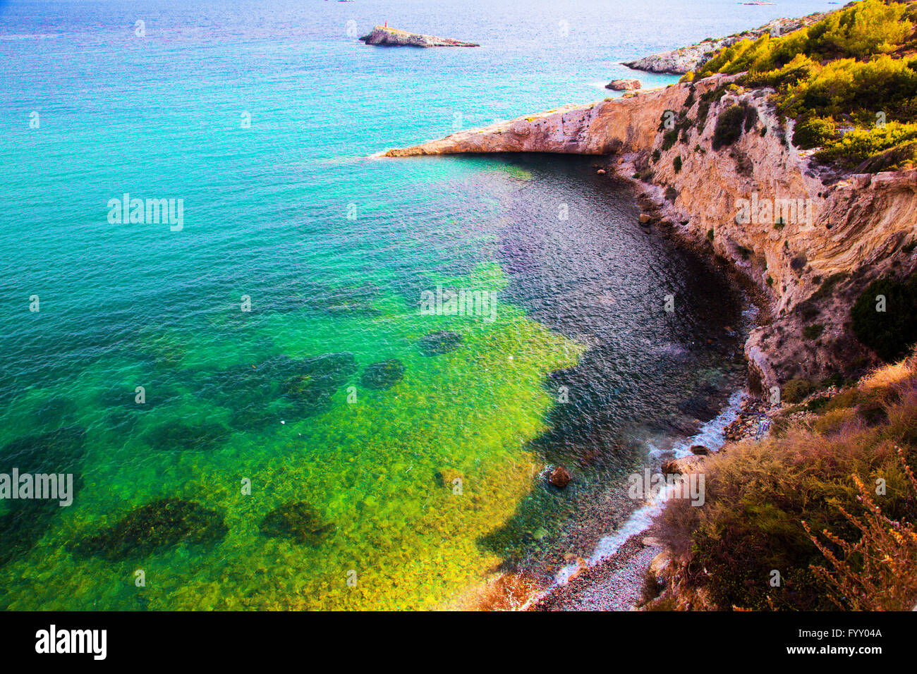 Chiare acque del mare, Ibiza, Spagna Foto Stock