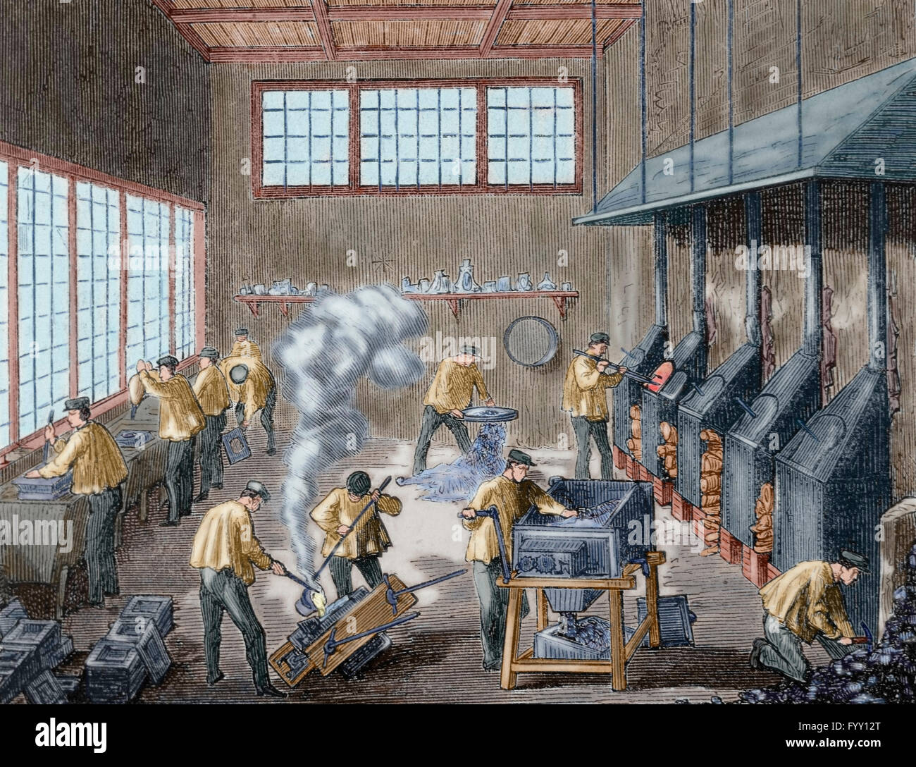 Spagna. Colata di metallo fabbrica fondata da Leoncio Meneses, denominato 'Silver Meneses'. Lavoratori che lavorano sulla camera di colata. Incisione di Urrabieta in 'La Ilustración Española y Americana ", 1872. Colorati. Foto Stock