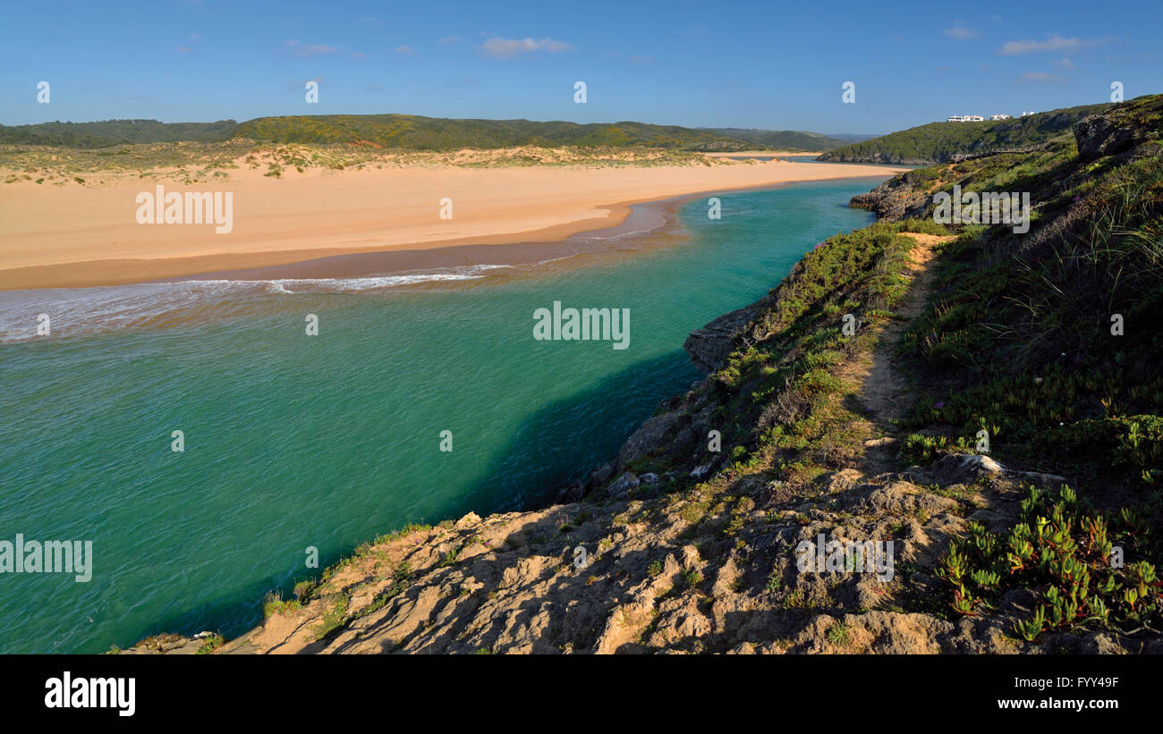 Il Portogallo, Algarve: Riverside e sabbia vista da scogliere con il verde della vegetazione costiera alla spiaggia Praia da Amoreira Foto Stock