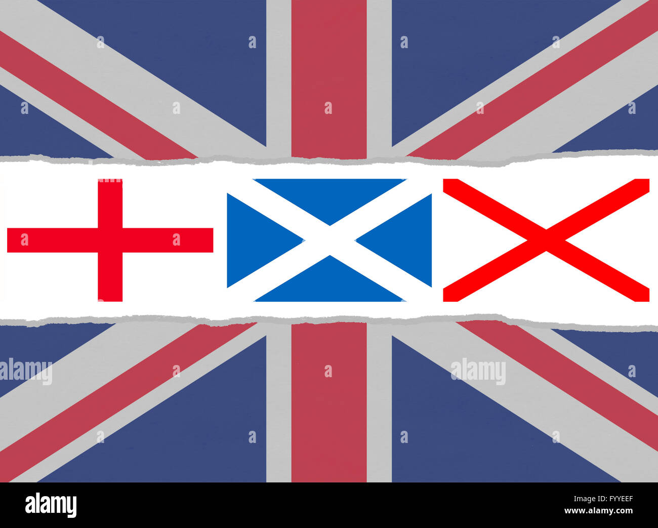 Union Jack flag elementi dalle bandiere nazionali di Inghilterra, Scozia e Irlanda Foto Stock