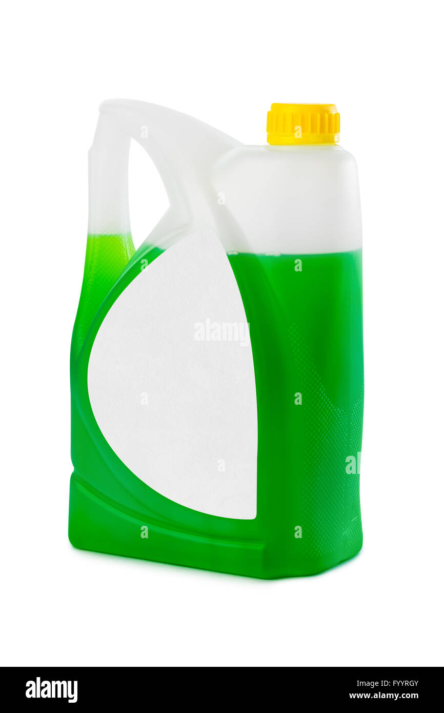 Bidone con liquido verde e etichetta vuota Foto Stock