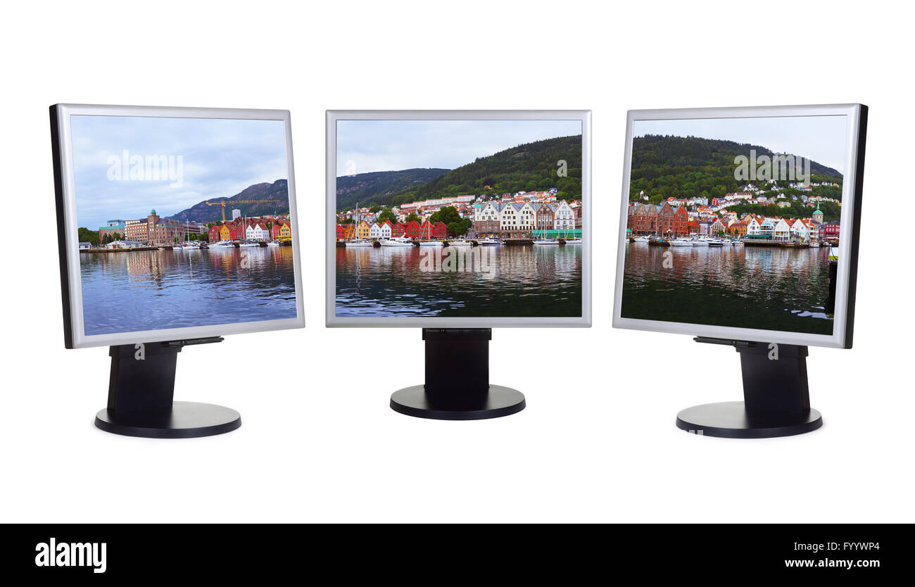Panorama di Bergen in Norvegia nel monitor di computer Foto Stock