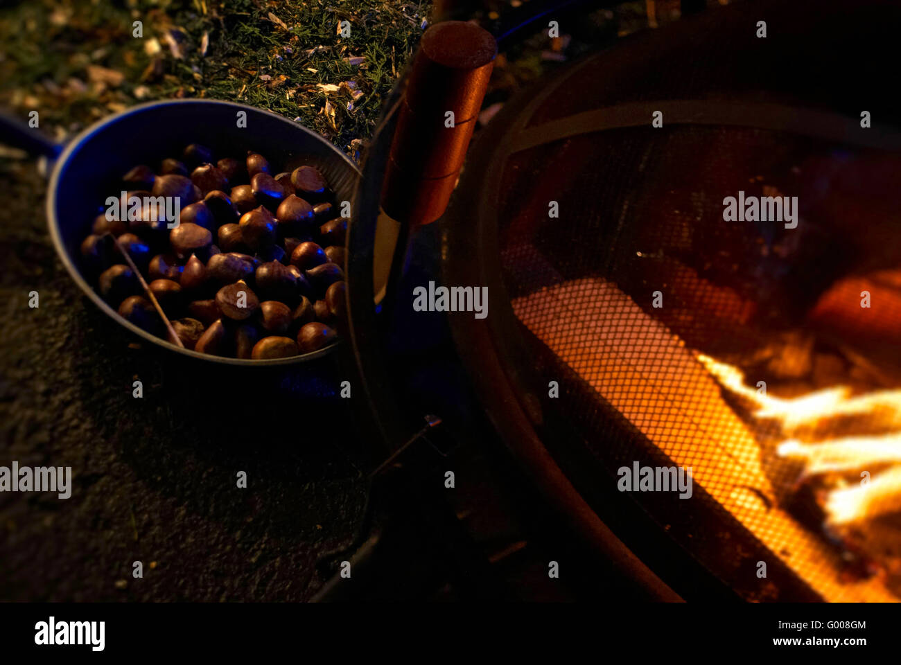 La tostatura le castagne / le castagne e il fuoco Foto Stock