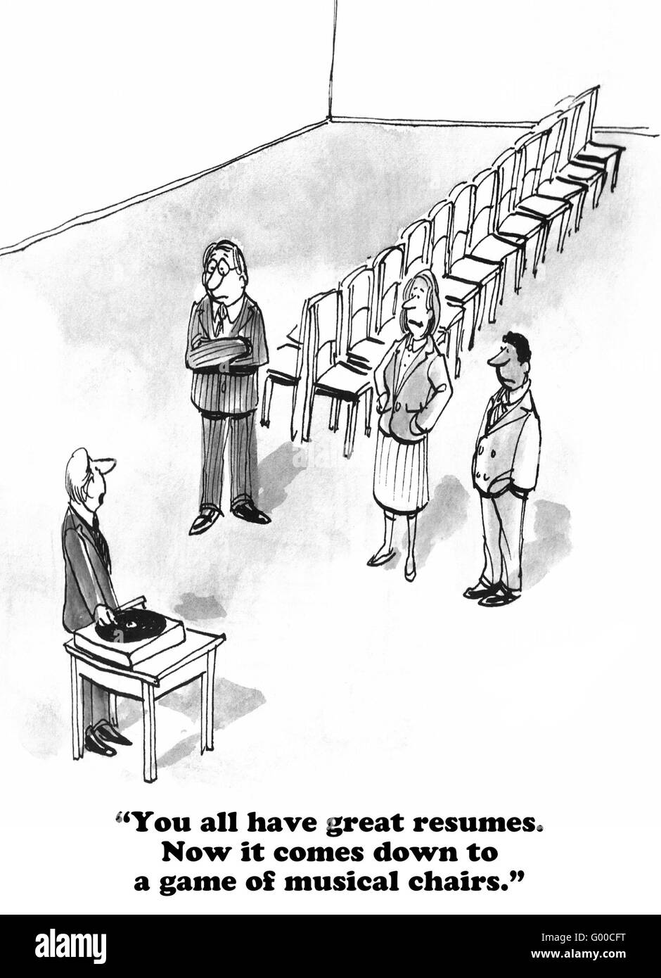 Business cartoon circa un esitante Responsabile assunzioni. Foto Stock