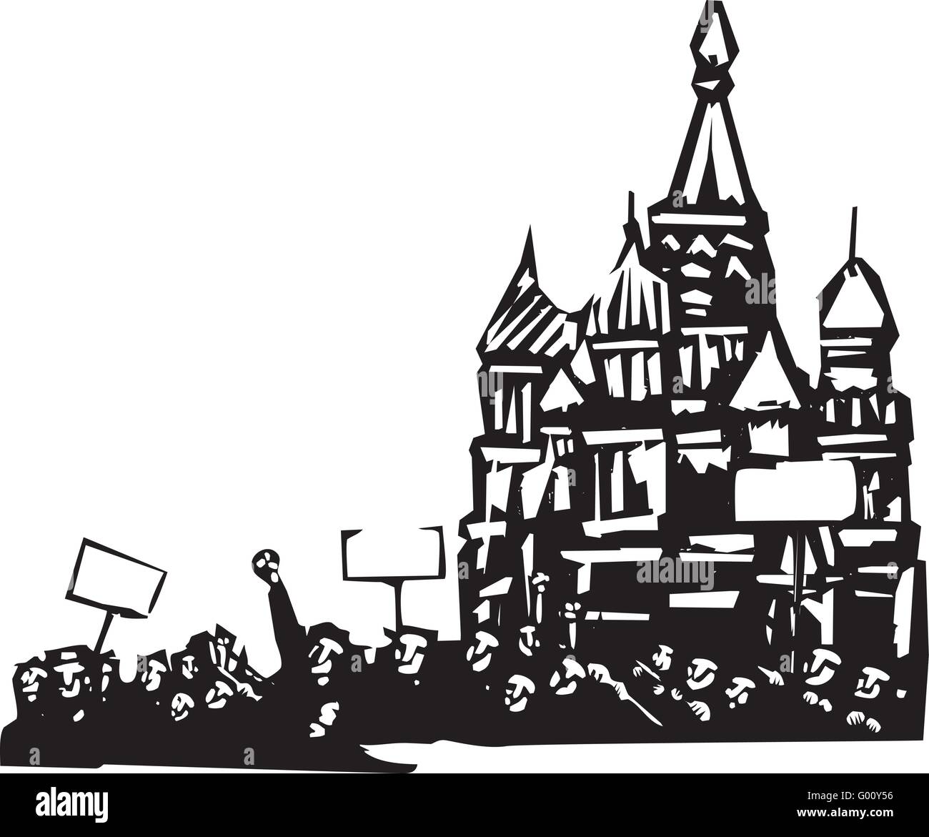 Xilografia immagine di stile di una sommossa o protesta di fronte al Cremlino di Mosca Illustrazione Vettoriale