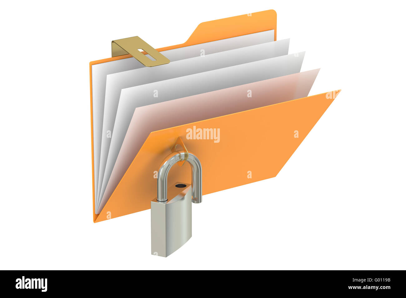 La cartella con il lucchetto aperto, 3D rendering isolati su sfondo bianco Foto Stock