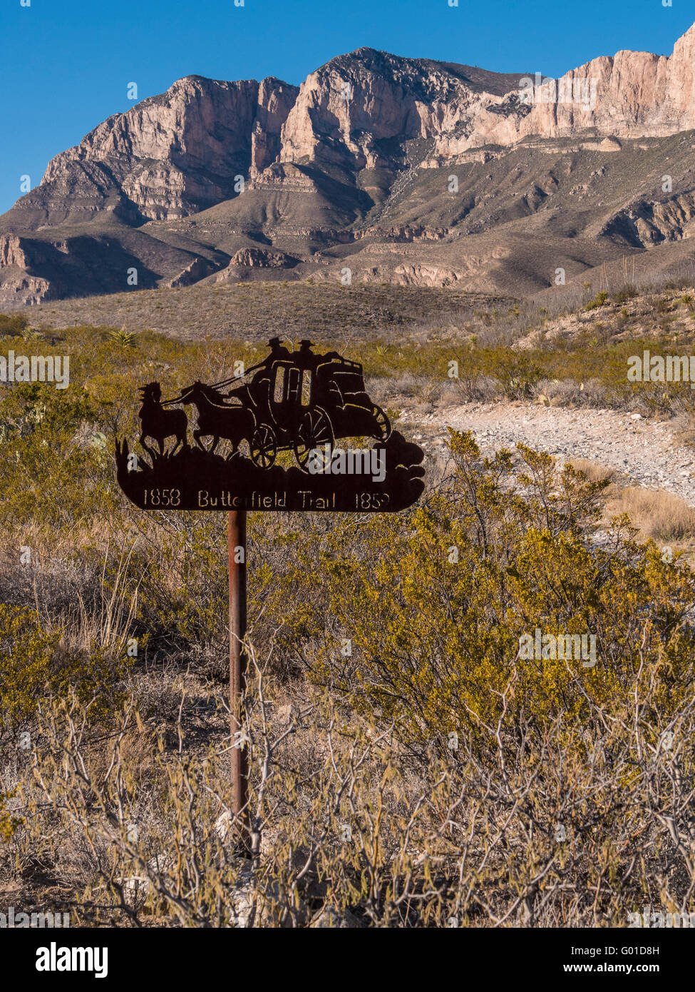 Butterfield segnavia, Williams Ranch Road, Parco Nazionale delle Montagne Guadalupe, Texas. Foto Stock