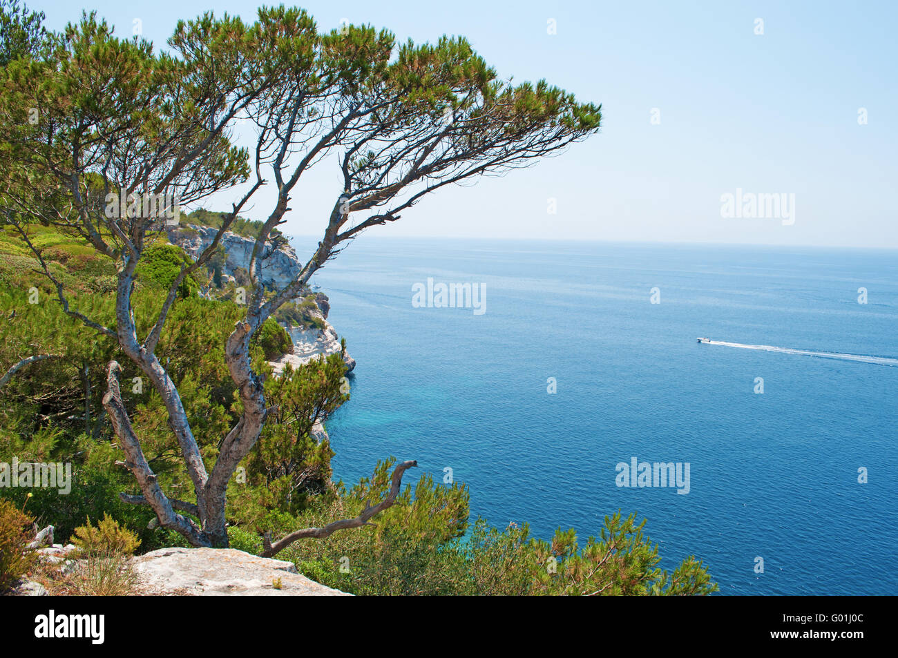 Minorca isole Baleari, Spagna: macchia mediterranea e del mare cristallino di Cala Galdana, conosciuta come la regina del Calas Foto Stock