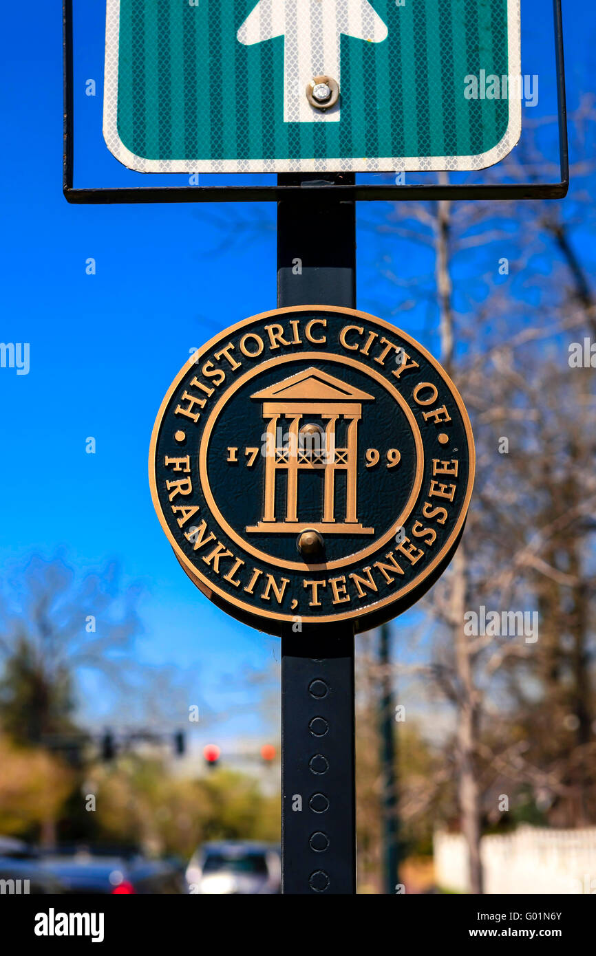 Città storica di Franklin nel Tennessee placca rotonda Foto Stock