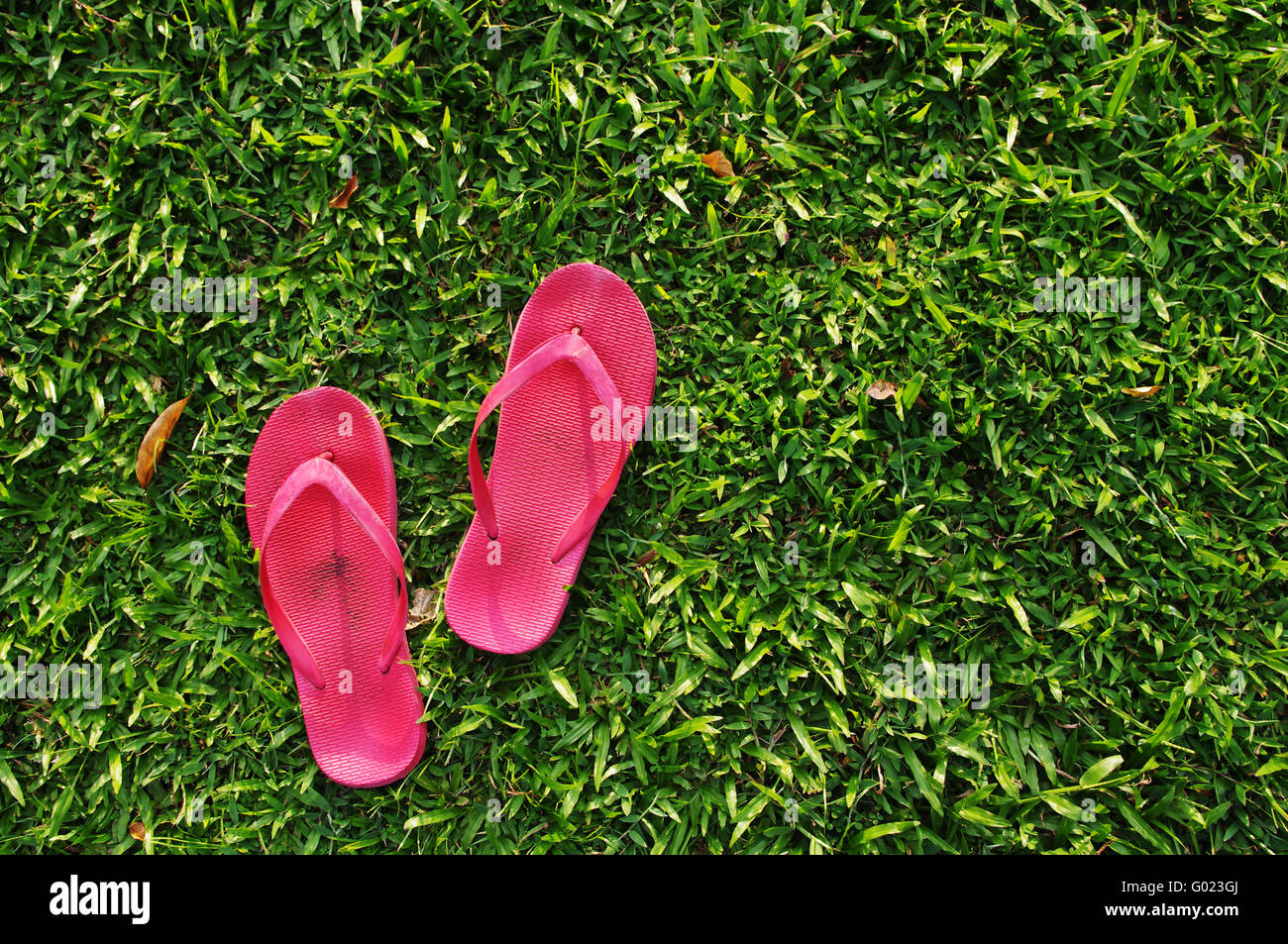 Un paio di pantofole sono lasciati sul campo di una giornata rilassante. Foto Stock