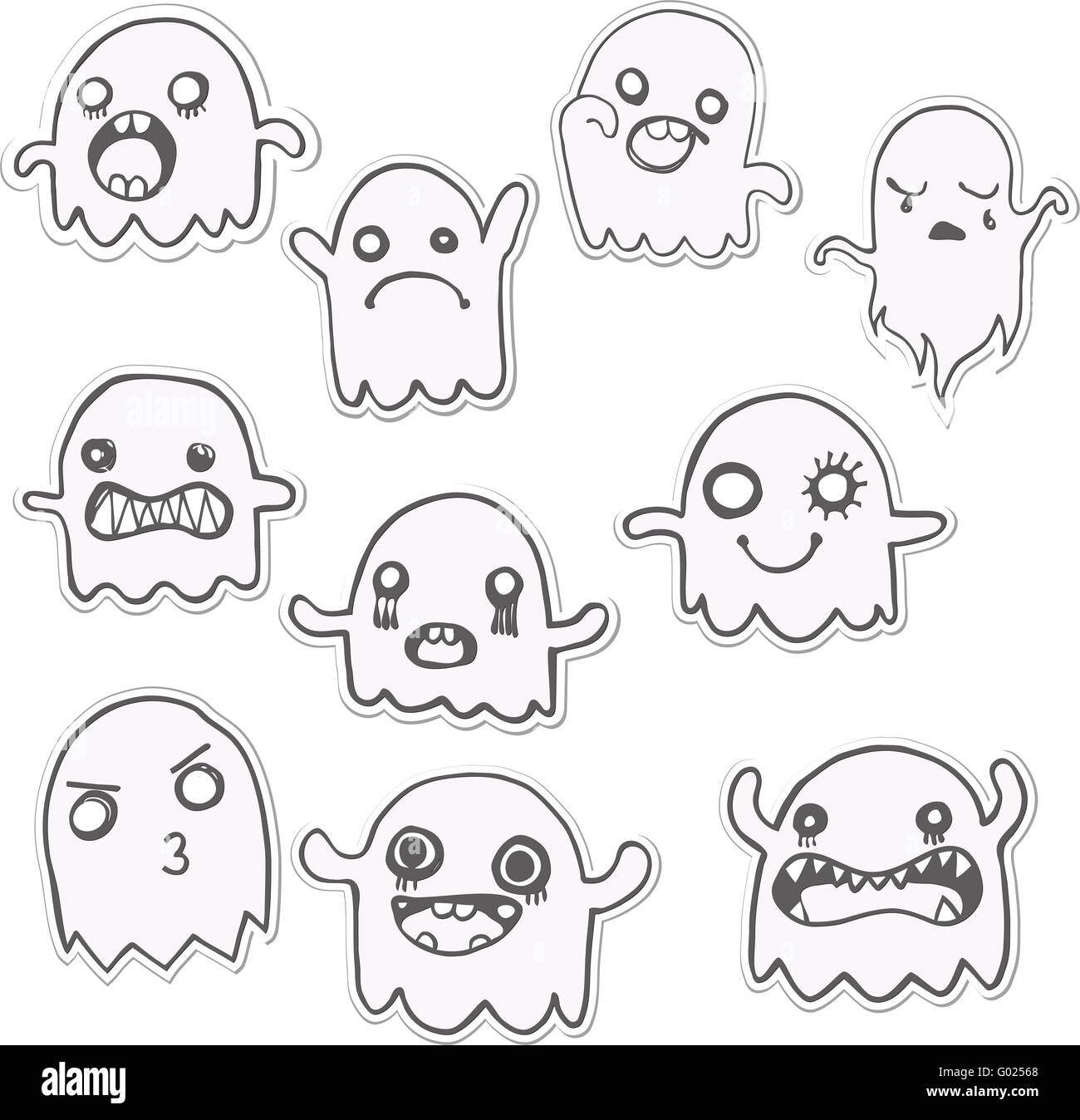 Set di 10 simpatici fantasmi di adesivi. Immagine vettoriale Foto Stock