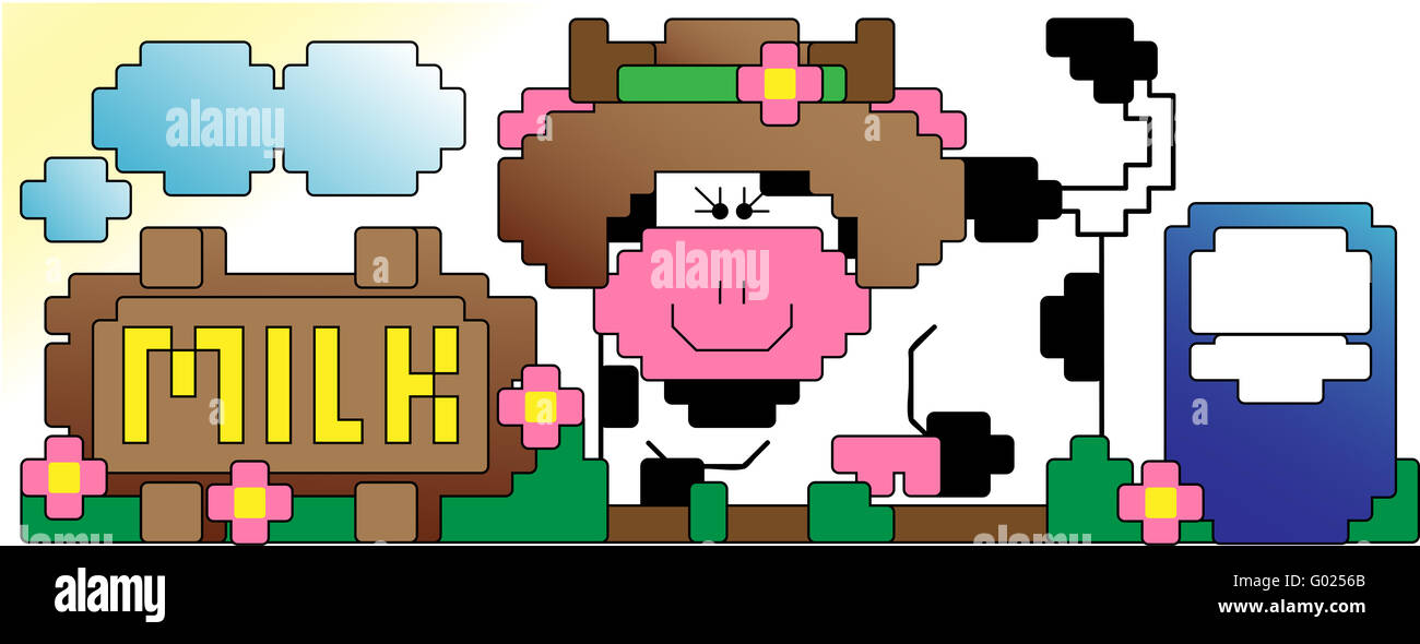 Pixel arte stile di una vacca e un segno di latte in fattoria Foto Stock