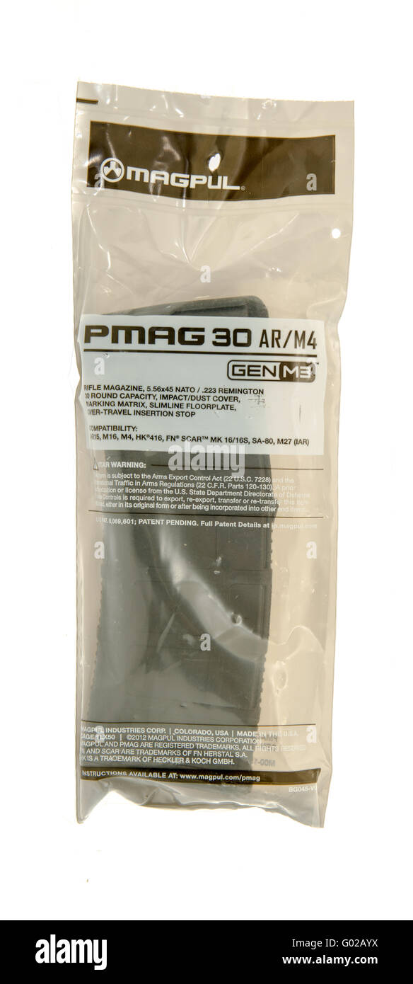 Winneconne, WI - 10 GEN 2016: Pacchetto di una rivista Magpul per fucili AR. Foto Stock