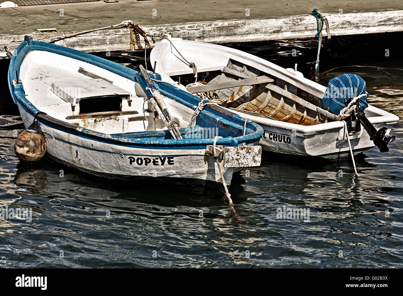 Le barche nel porto con la scritta POPEYE Foto Stock