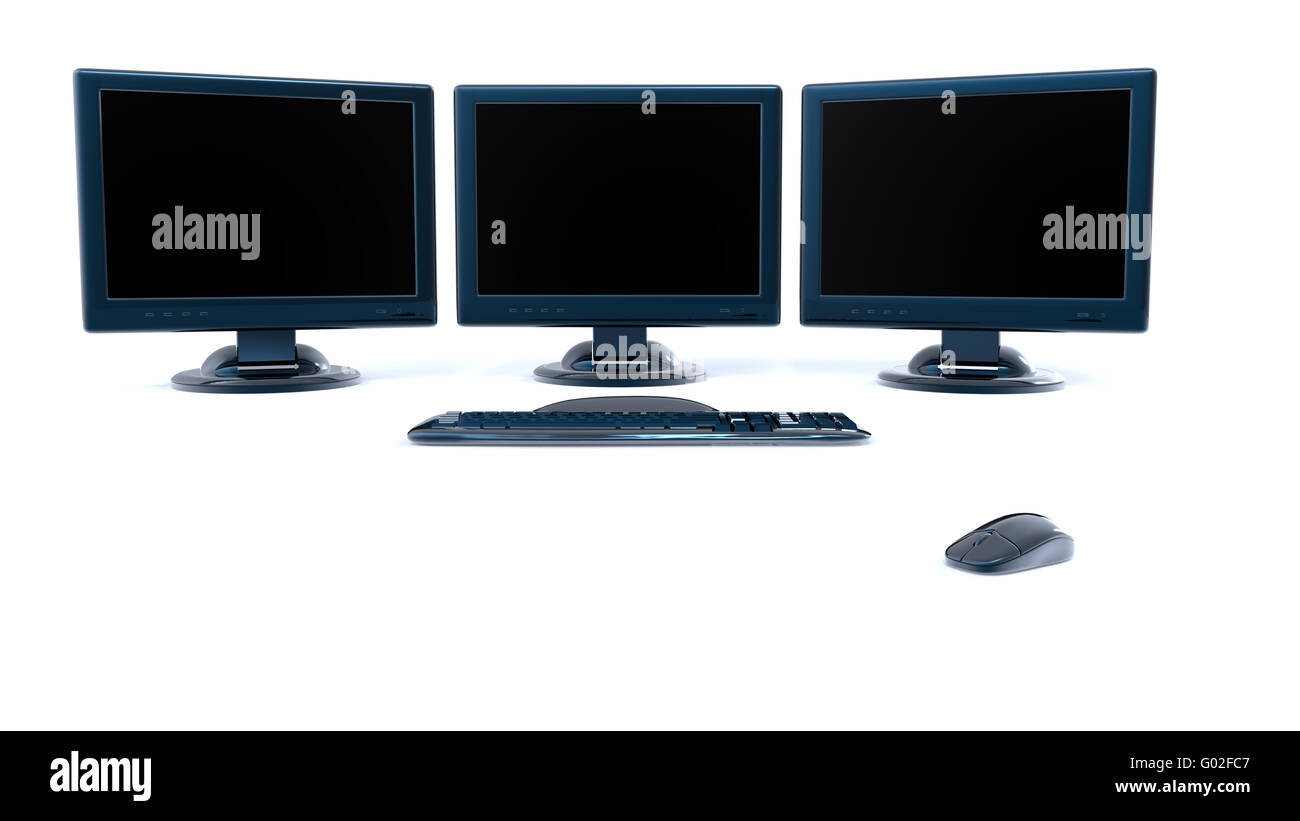 Tre schermi lcd con tastiera e mouse su sfondo bianco Foto Stock