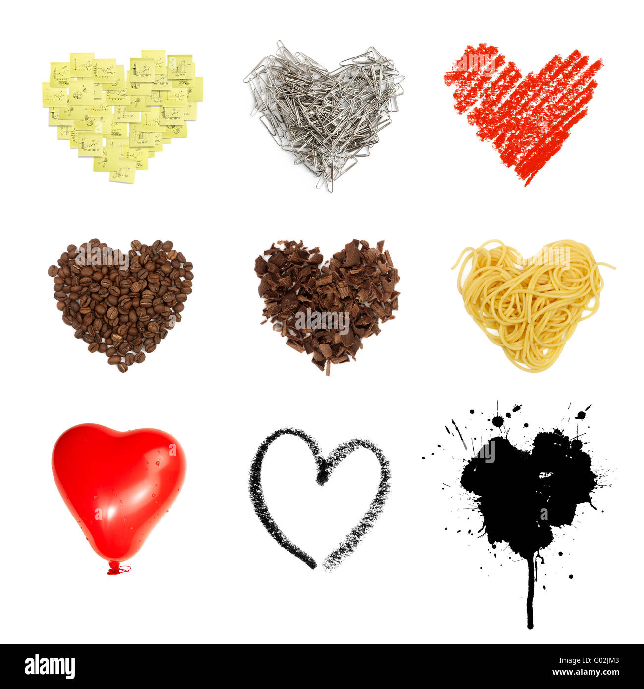 A forma di cuore ad impostare i simboli. Nove in uno, isolati su sfondo bianco. Foto Stock