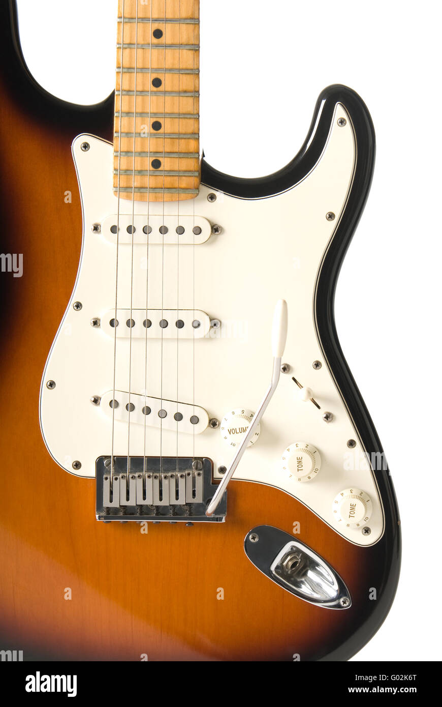 Il corpo della chitarra (Stratocaster) su sfondo bianco. Foto Stock