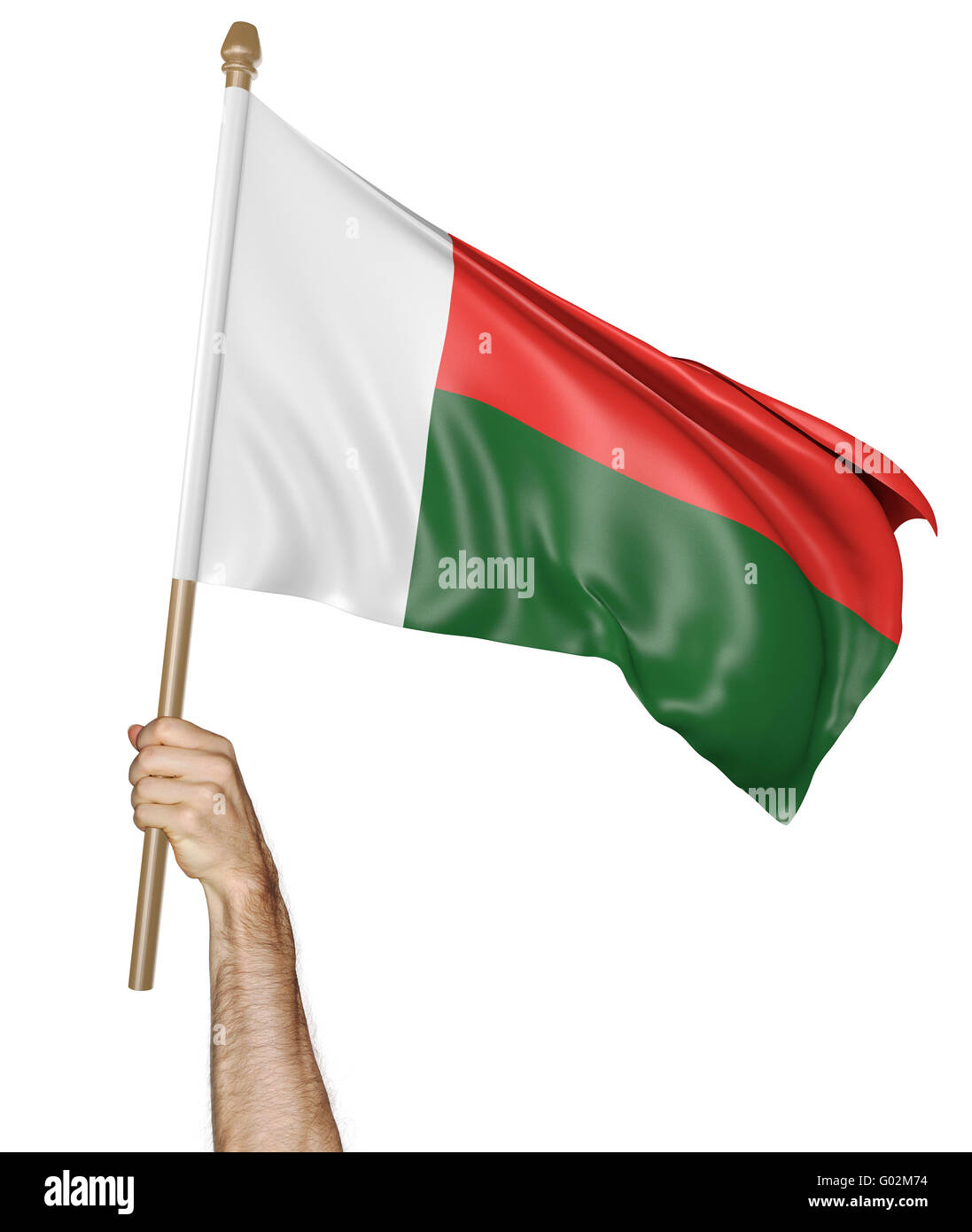 Mano orgogliosamente sventolare la bandiera nazionale del Madagascar, rendering 3D Foto Stock