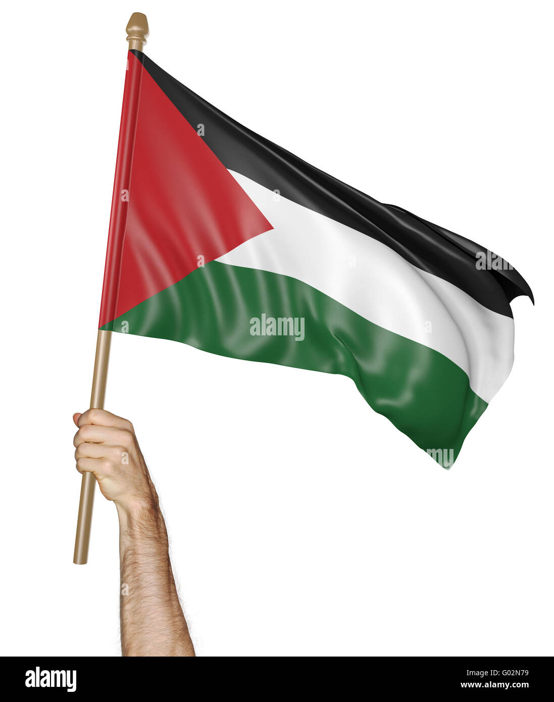 Mano orgogliosamente sventolare la bandiera nazionale della Palestina, rendering 3D Foto Stock