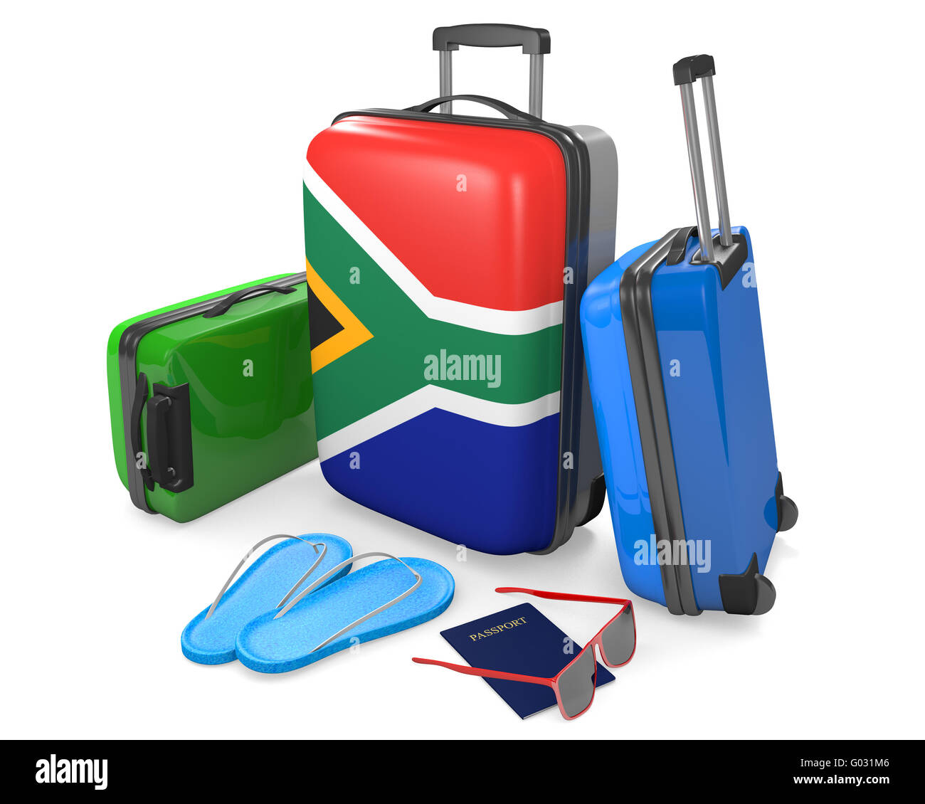 Bagagli di viaggio oggetti e accessori per una vacanza a o dal Sud Africa, rendering 3D Foto Stock