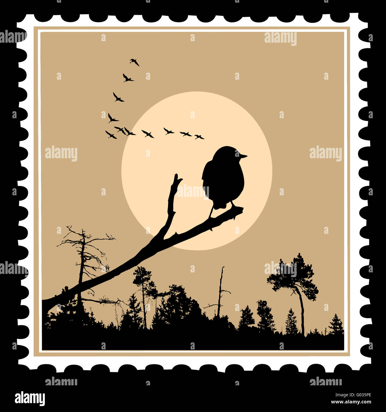Silhouette di vettore degli uccelli sui francobolli Foto Stock