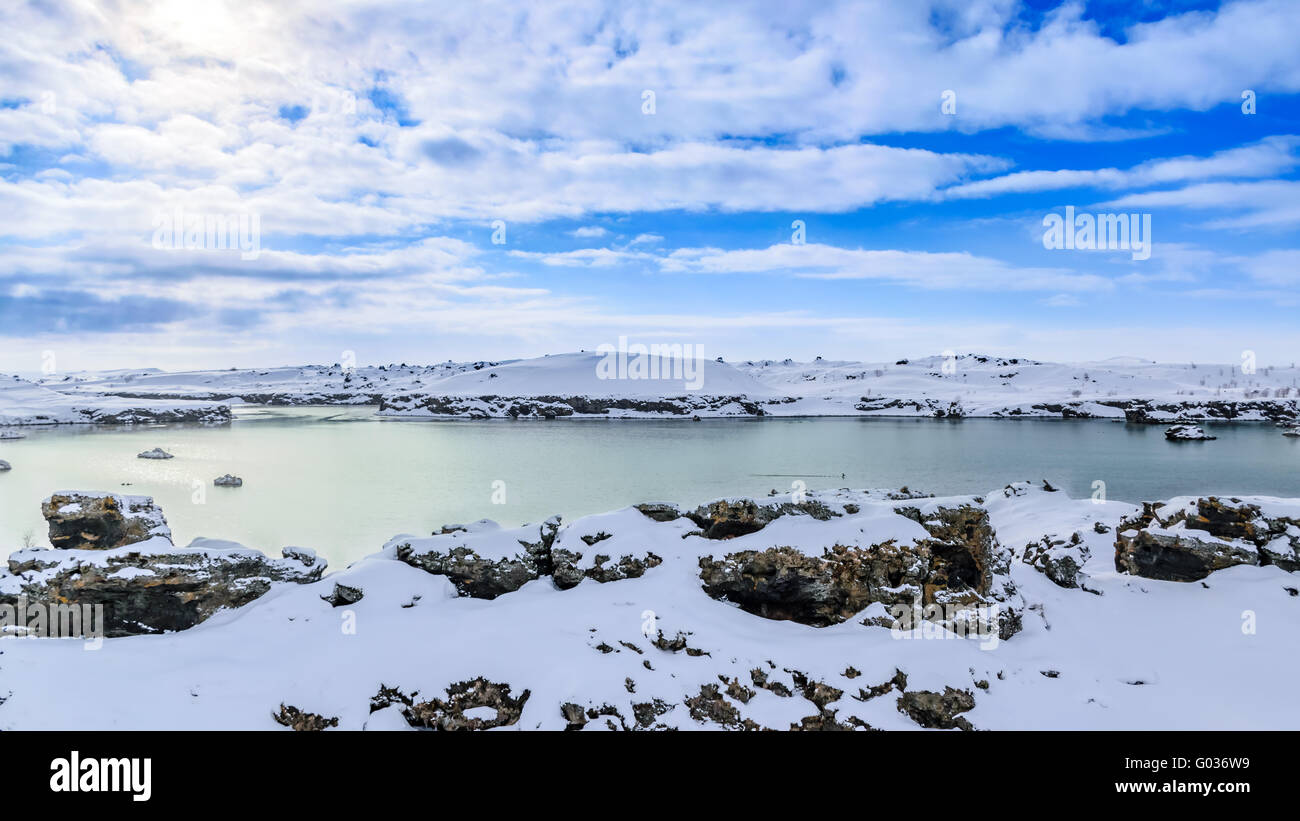 Snowy giorno nel Lago Myvatn, Islanda Foto Stock