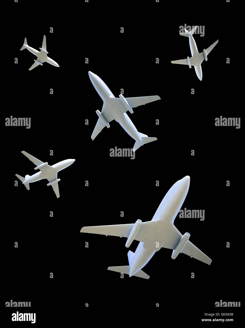 Cinque aerei in volo in direzioni diverse su un cielo scuro Foto Stock
