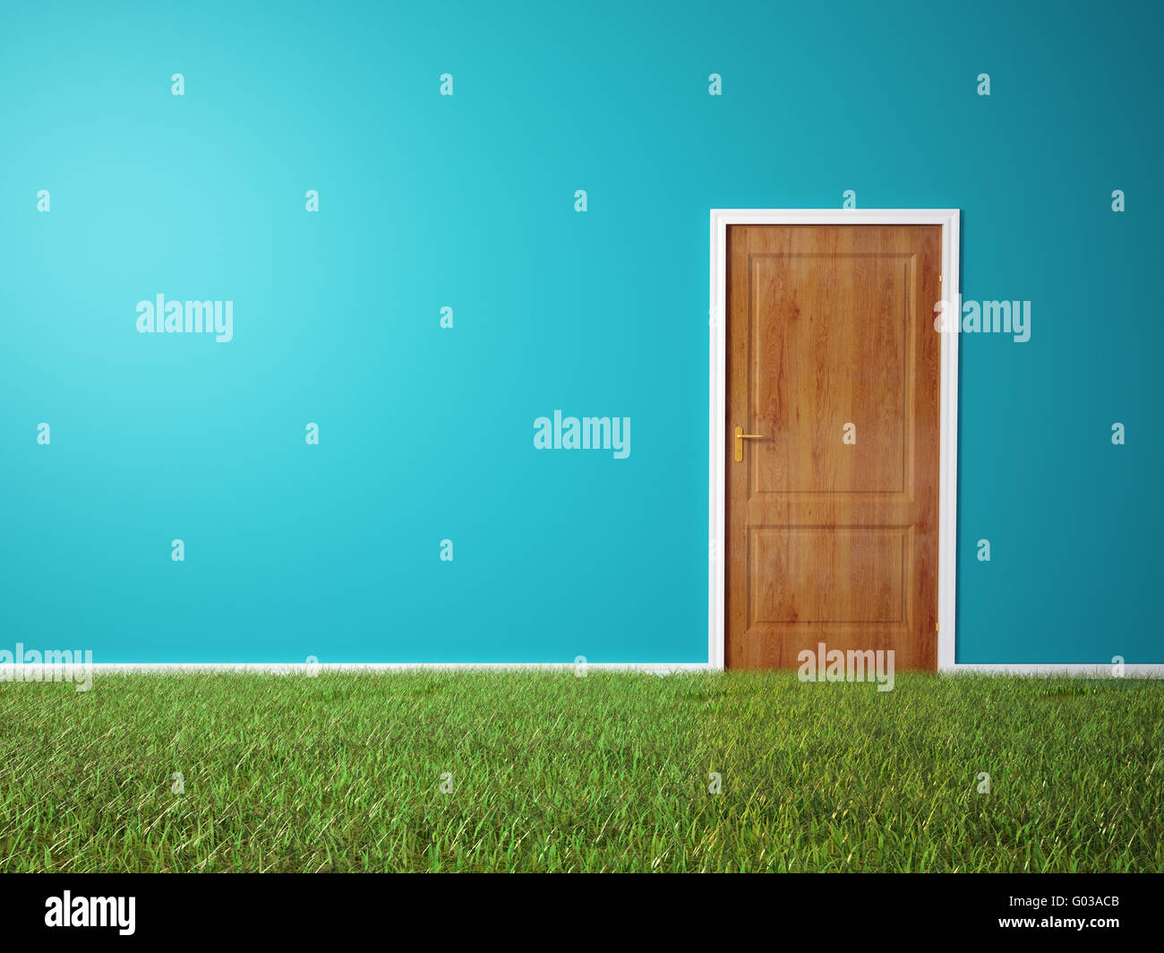 Camera con porta di legno e un'erba pavimento coperto Foto Stock