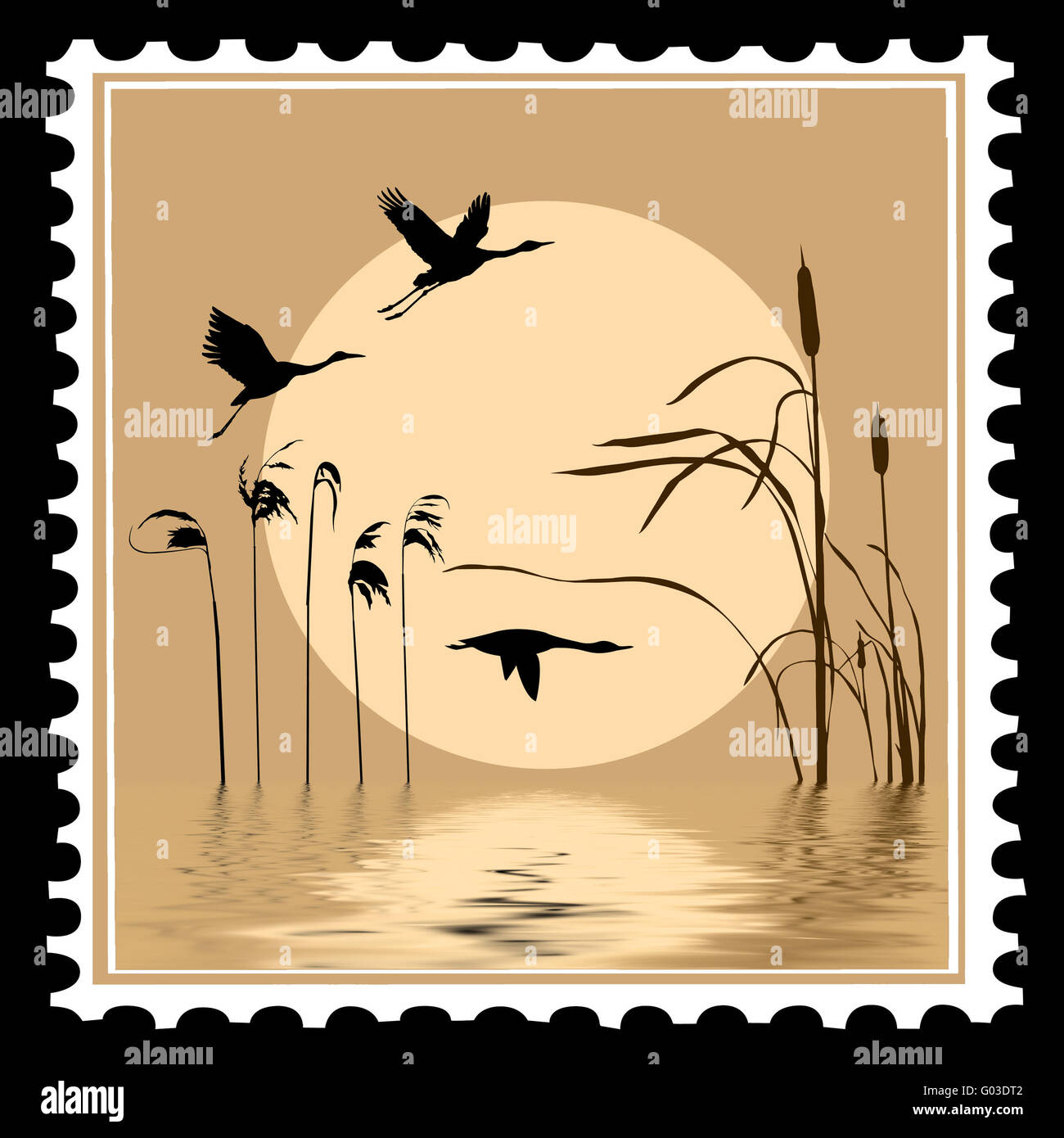 Silhouette di vettore di uccelli in volo sui francobolli Foto Stock