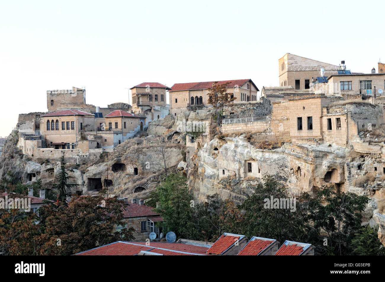 Case su cliff dwellings Mustafapasa in Turchia Foto Stock