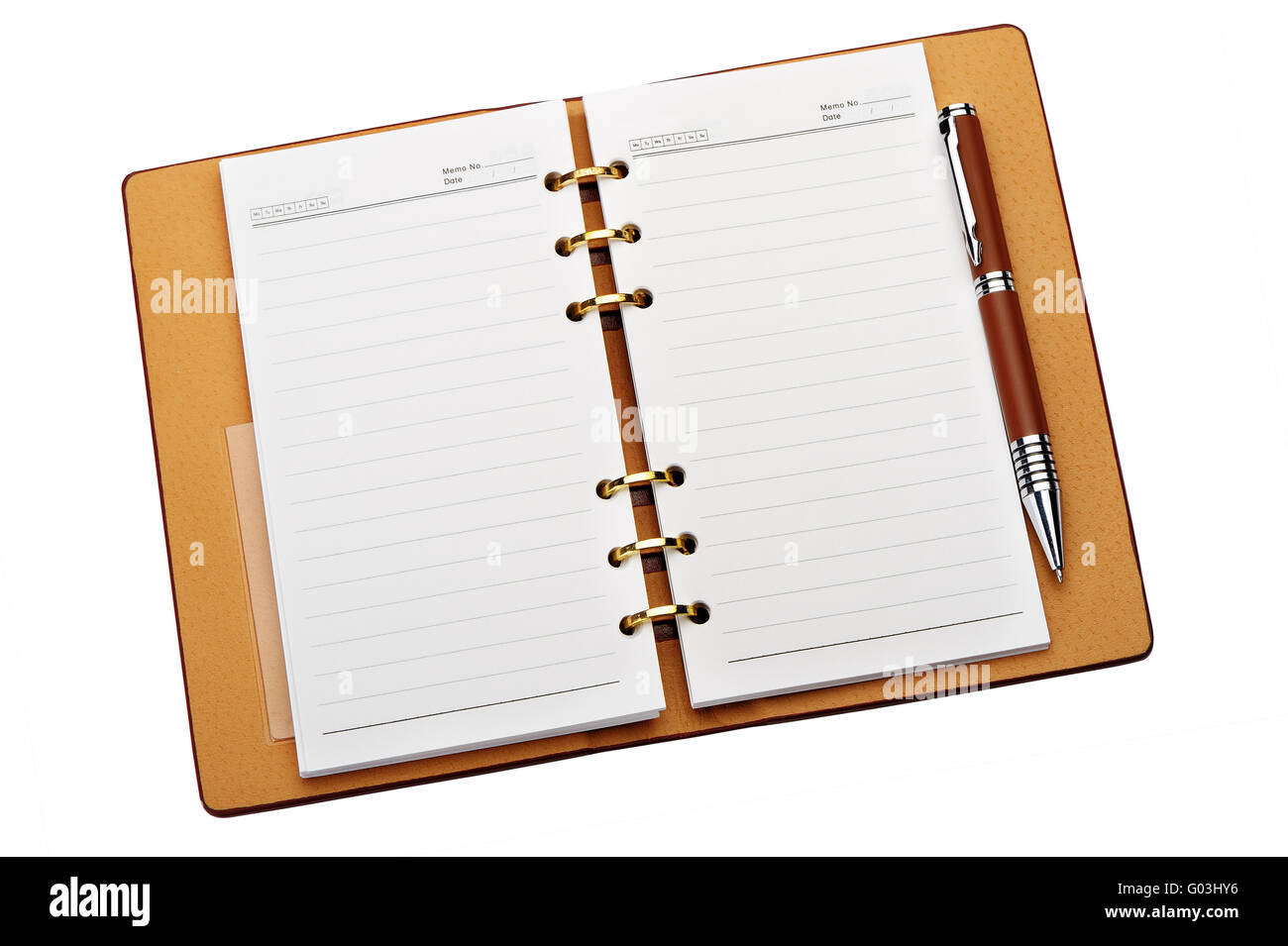 Aprire il notebook con il legame di rame e di stile Pen Foto Stock