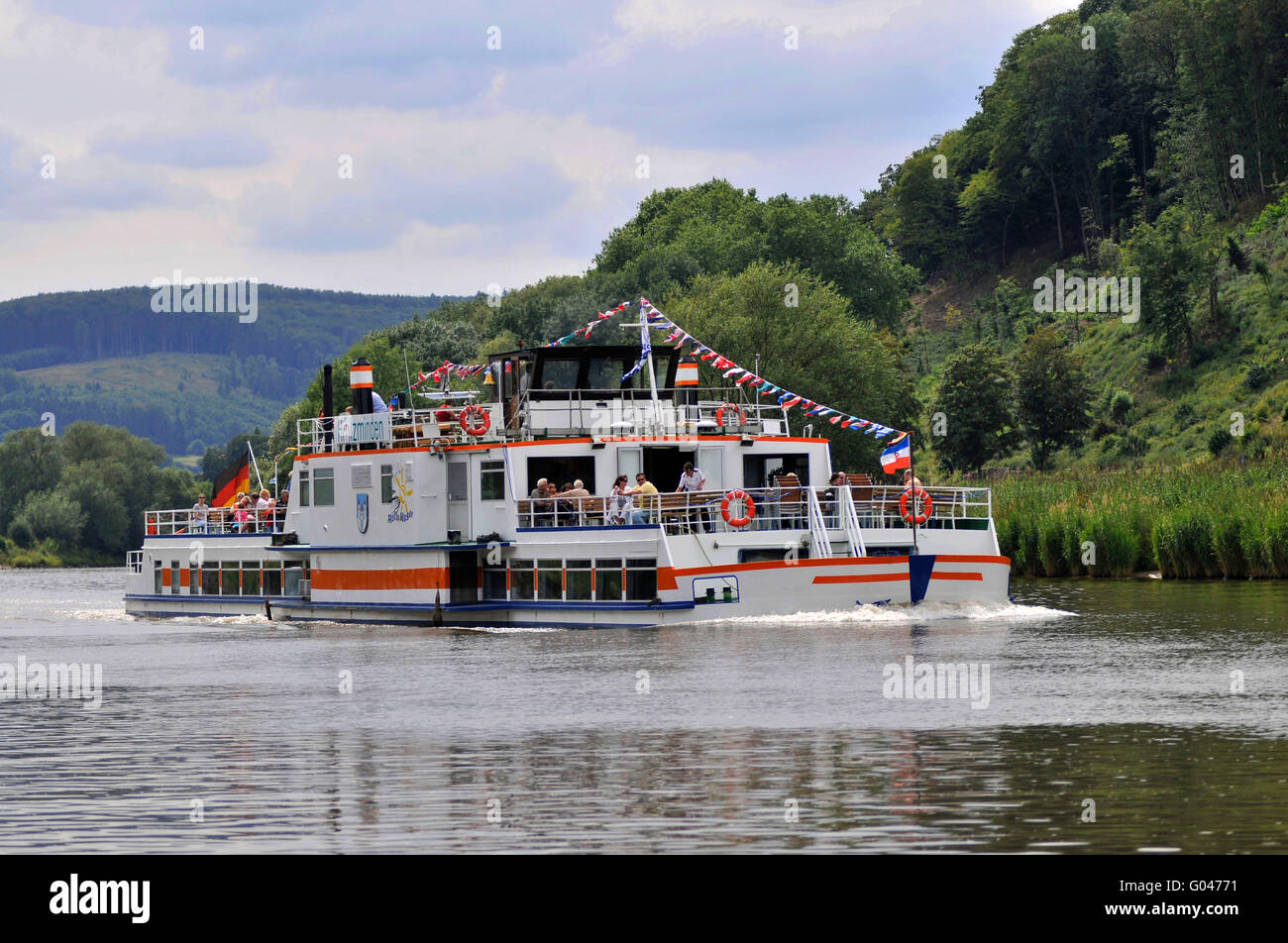 Piroscafo Holzminden, sistema di cottura a vapore, Weser steamboat, Weser, Weser Uplands, Bassa Sassonia, Germania Foto Stock