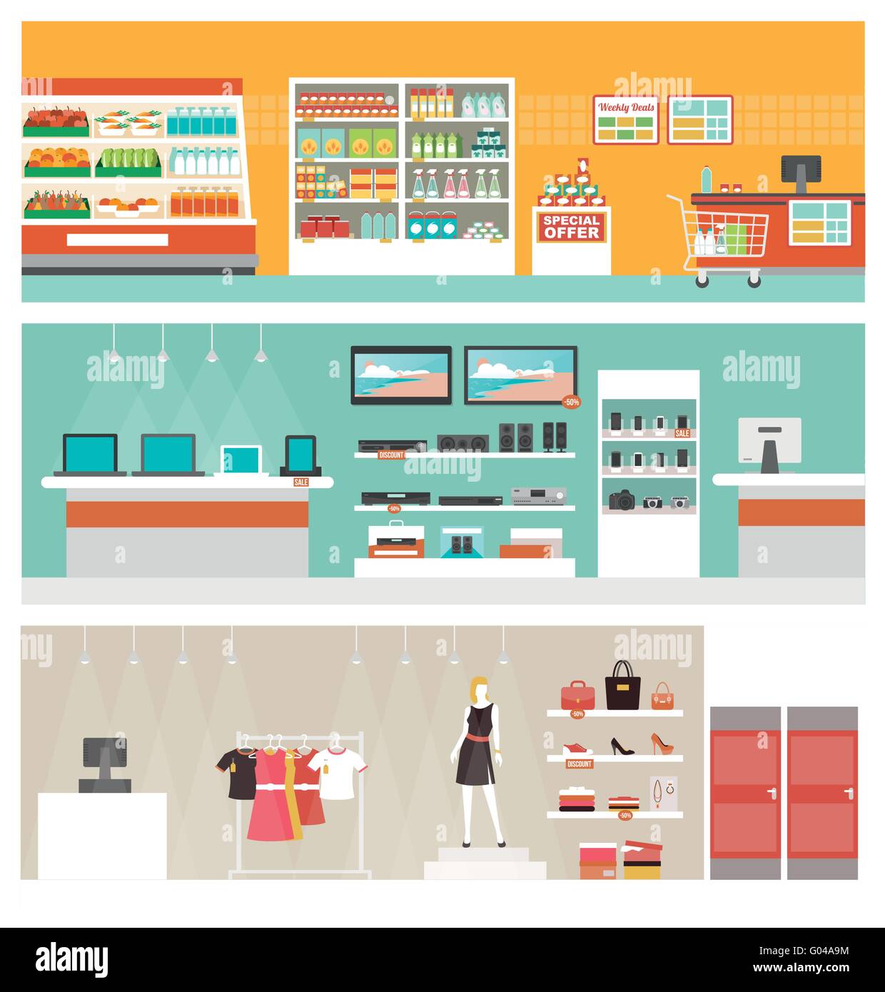 Supermercato, negozio di elettronica e negozio di abbigliamento banner set, retail e il concetto di commercio Illustrazione Vettoriale