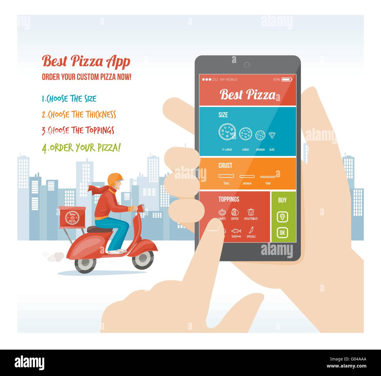 La pizza migliore app interface design con ingrediente e icone sul display mobile Illustrazione Vettoriale