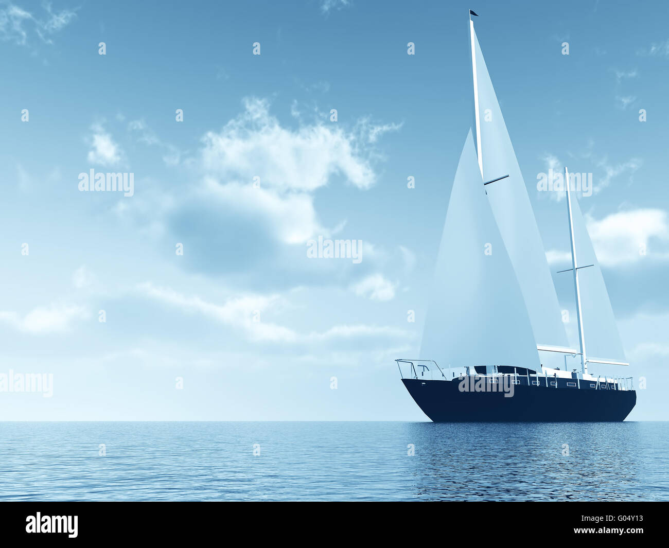 Imbarcazione a vela in viaggio sull oceano su uno sfondo Foto Stock