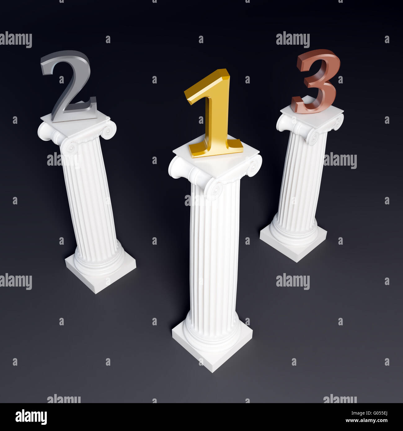 Tre colonne corinzie che sostengono d'oro, d'argento e di bronzo di numeri. Foto Stock