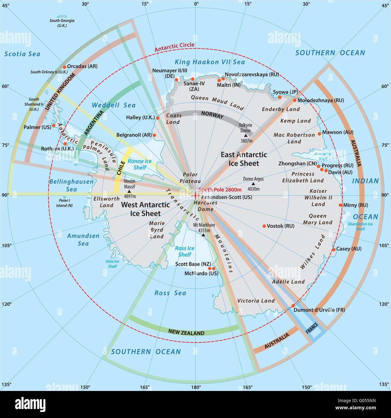 Mappa politico dell' Antartide con il territorio precedenti Illustrazione Vettoriale