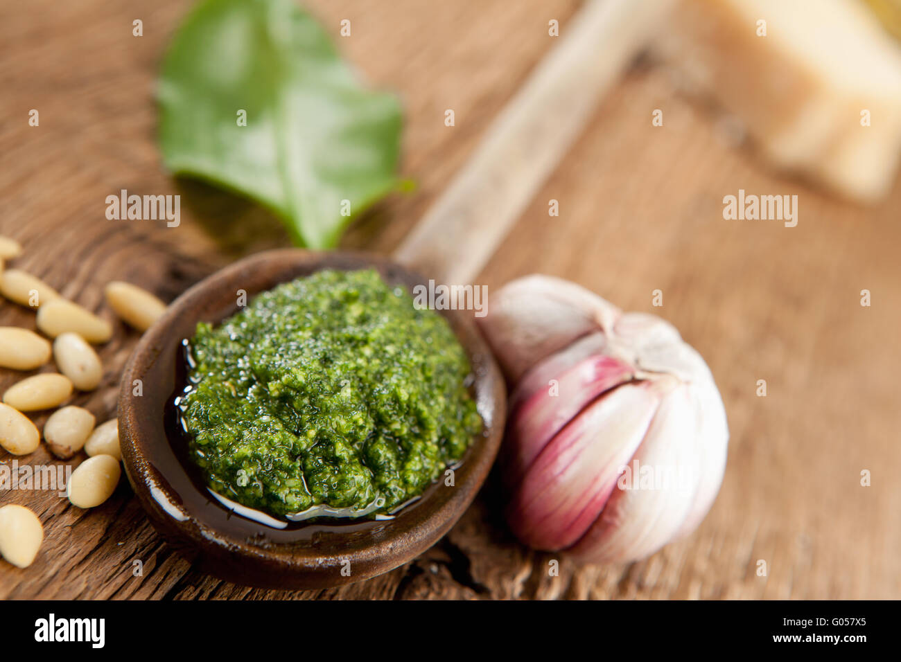 Pesto di aglio selvatico, aglio, pinoli, olio d'oliva e parmigiano Foto Stock