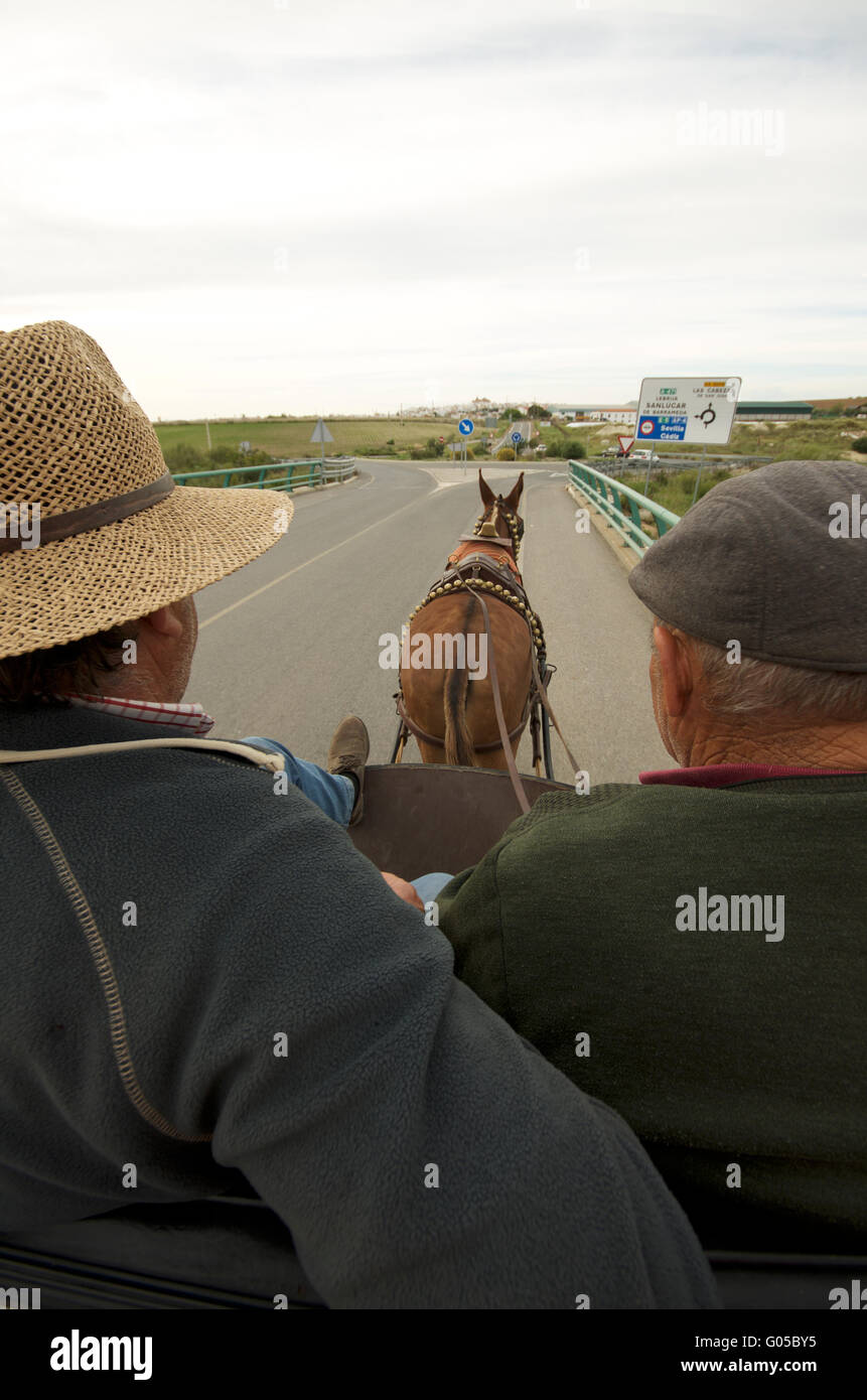 A cavallo e cavalcare carrello al di fuori di Las Cabezas de San Juan, Andalusia Spagna Foto Stock