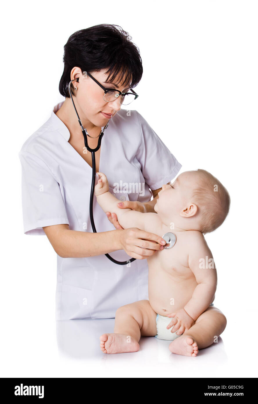 Bellissimo il medico e il Bambino su uno sfondo bianco. Foto Stock