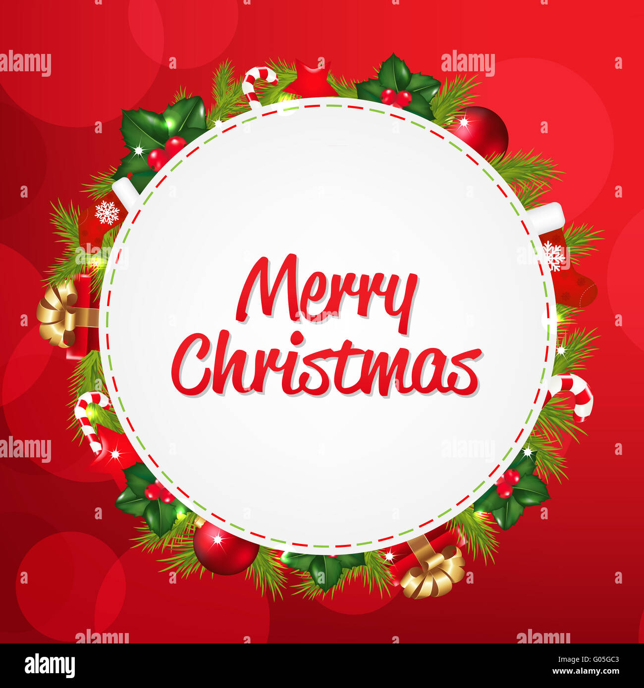 Discorso bolla con Natale icone e Bokeh di fondo rosso Foto Stock