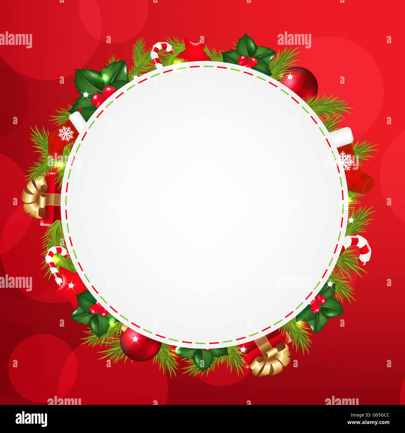 Discorso bolla con Natale icone e Bokeh di fondo rosso Foto Stock