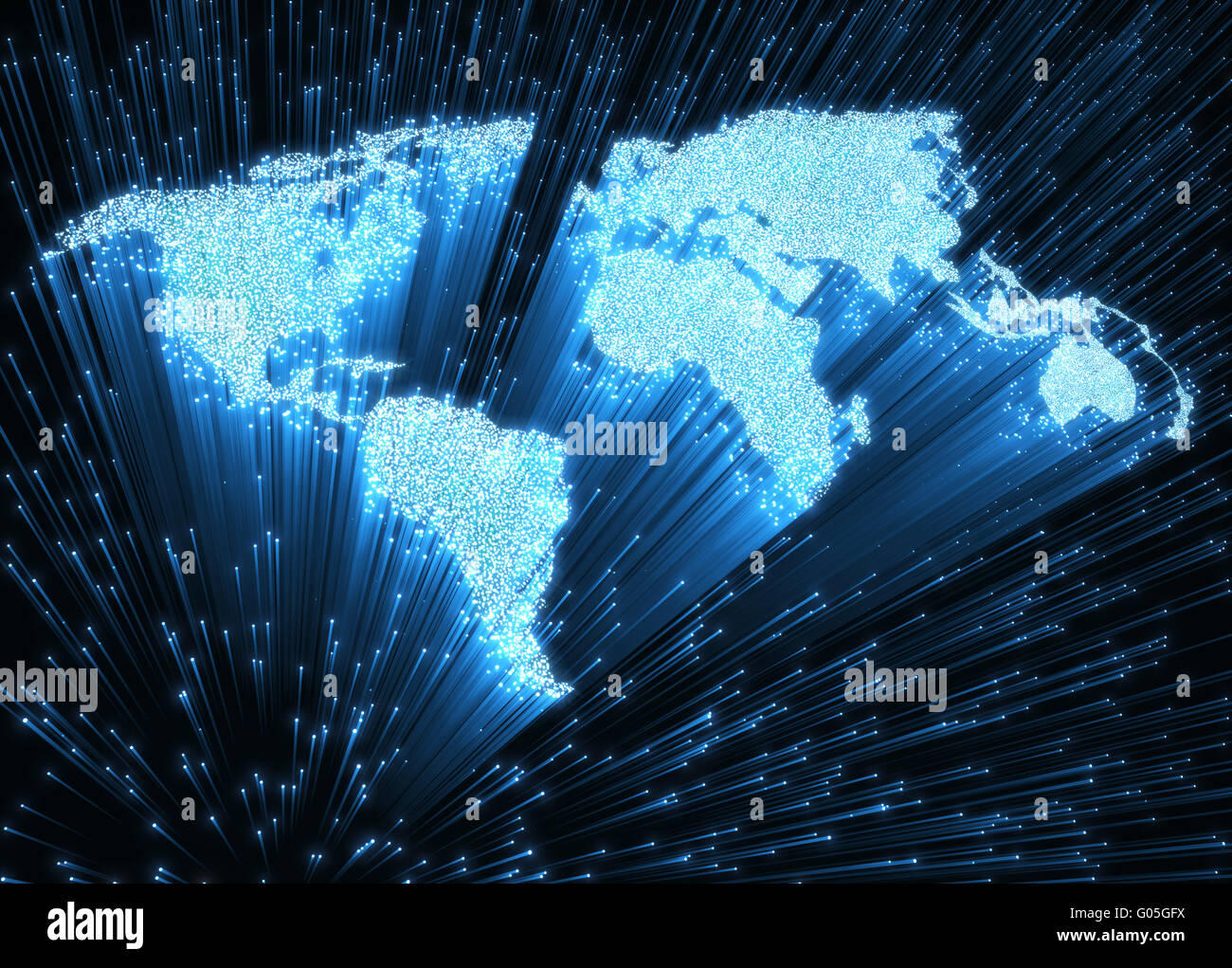 Fibre ottiche illuminate in forma di mappa del mondo. Immagine 3D concetto di comunicazione globale mediante fibra ottica. Foto Stock
