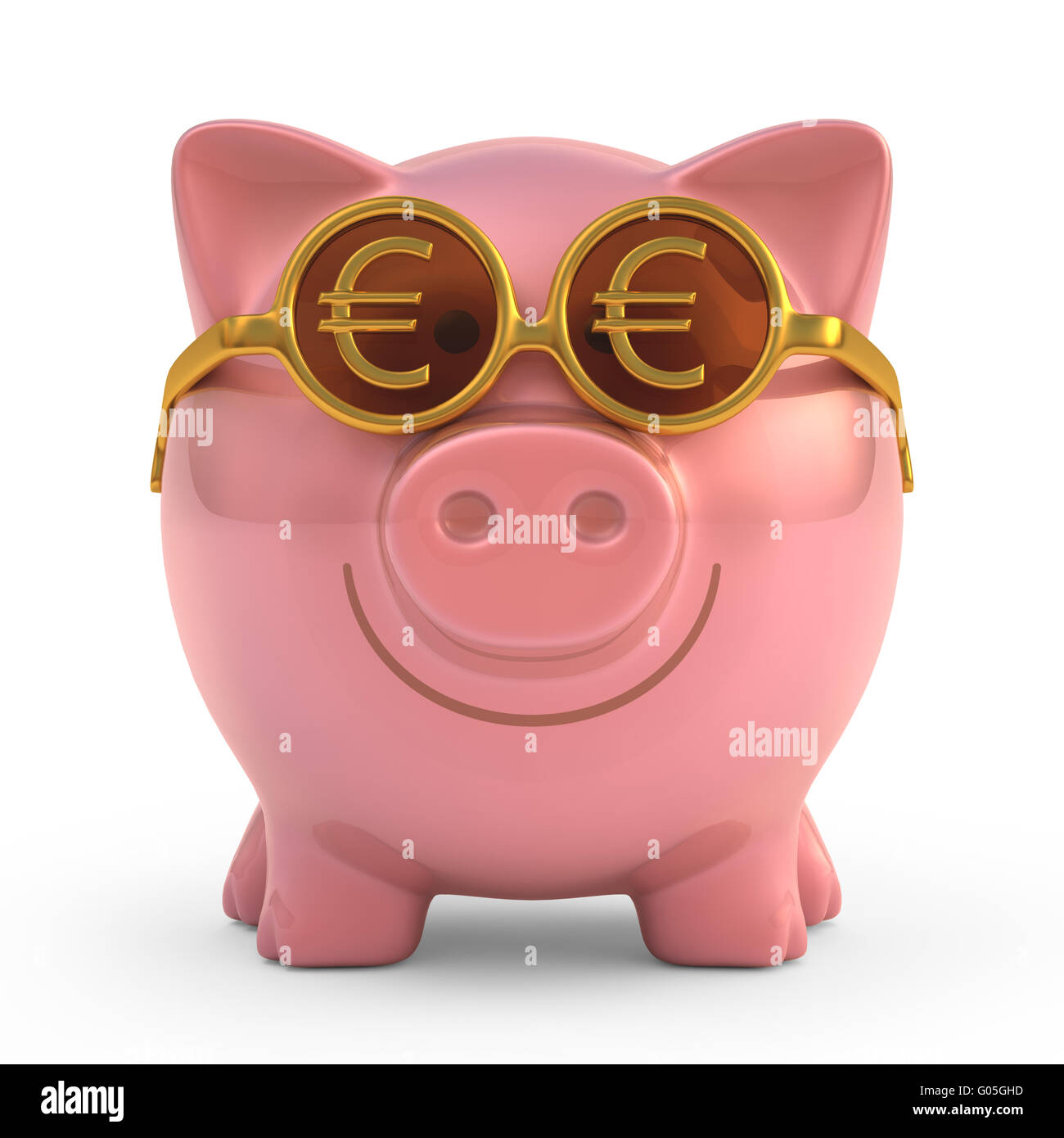 Salvadanaio di indossare occhiali da sole con segno di denaro. Percorso di clipping incluso. Foto Stock