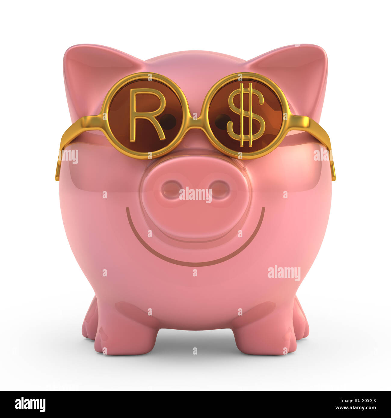 Salvadanaio indossando occhiali da sole brasiliano con segno di denaro (reale). Percorso di clipping incluso. Foto Stock