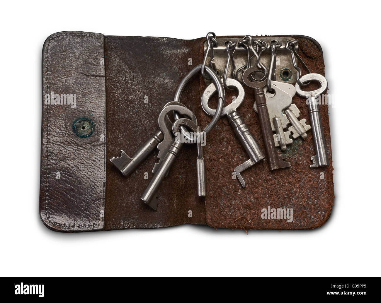 Vecchie chiavi nella vecchia chiave wallet isolato Foto Stock