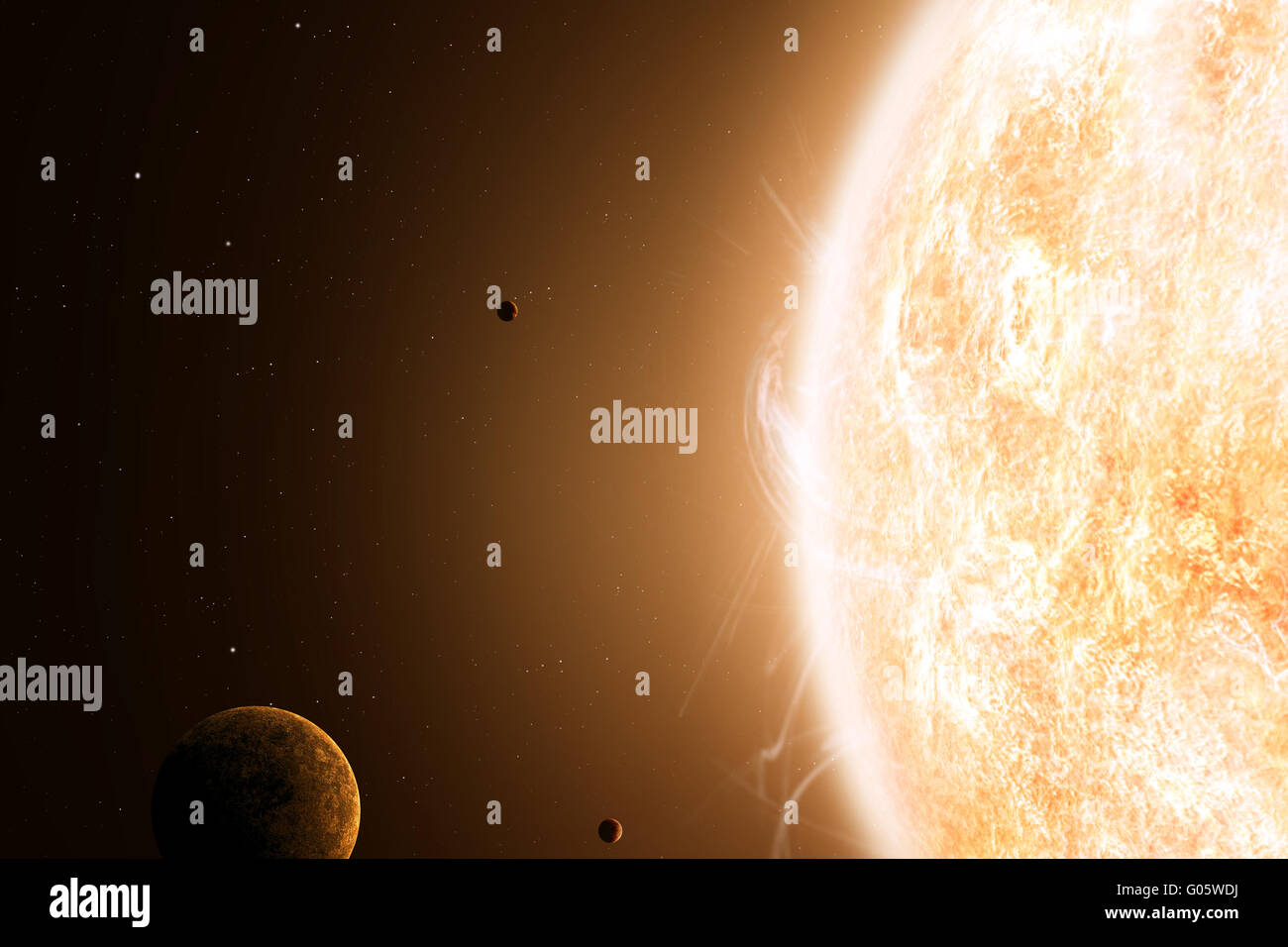Illustrazione immaginaria del sole e pianeti intorno Foto Stock