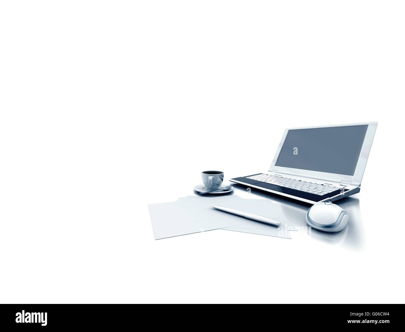 Documento di laptop e coffe su sfondo bianco Foto Stock